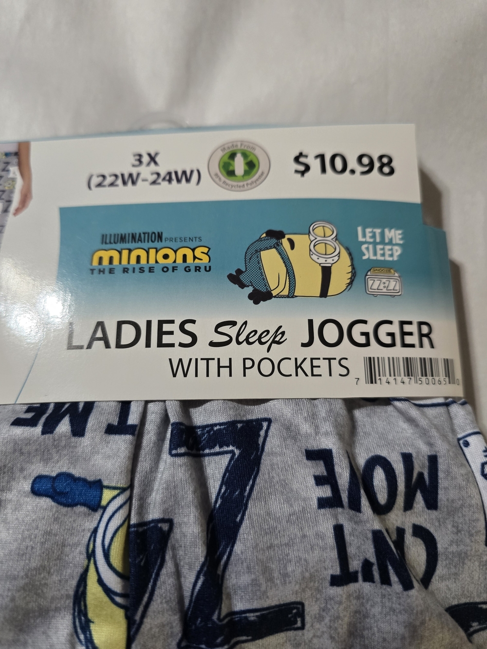 Minions Ladies Sleep Jogger With Pockets- Gray with Navy Print 3X Size 22W-24W